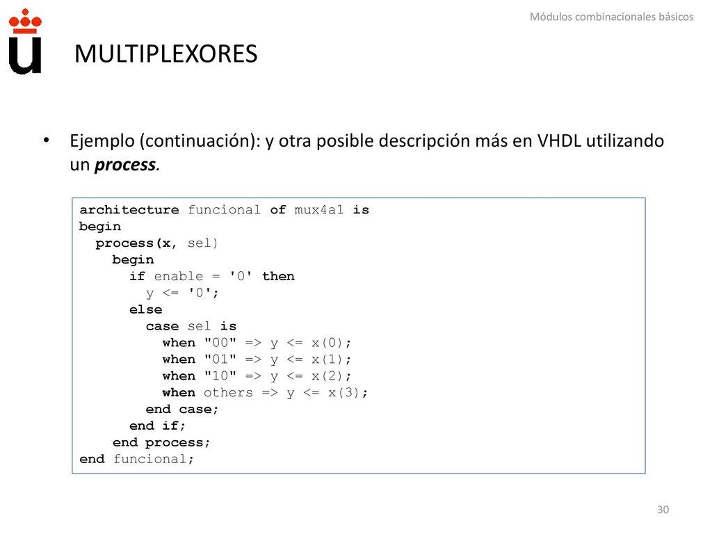 MULTIPLEXORES Ejemplo (continuación): y otra posible descripción más en VHDL utilizando un process.