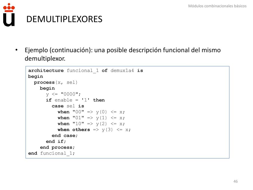 DEMULTIPLEXORES Ejemplo (continuación): una posible descripción funcional del mismo demultiplexor. architecture funcional_1 of demux1a4 is.