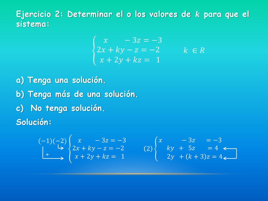 Ejercicio 2: Determinar el o los valores de 𝒌 para que el sistema: