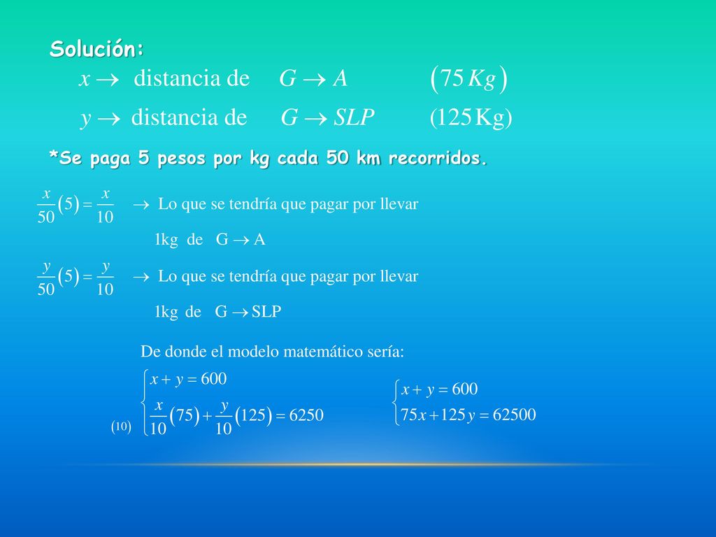 Solución: *Se paga 5 pesos por kg cada 50 km recorridos.