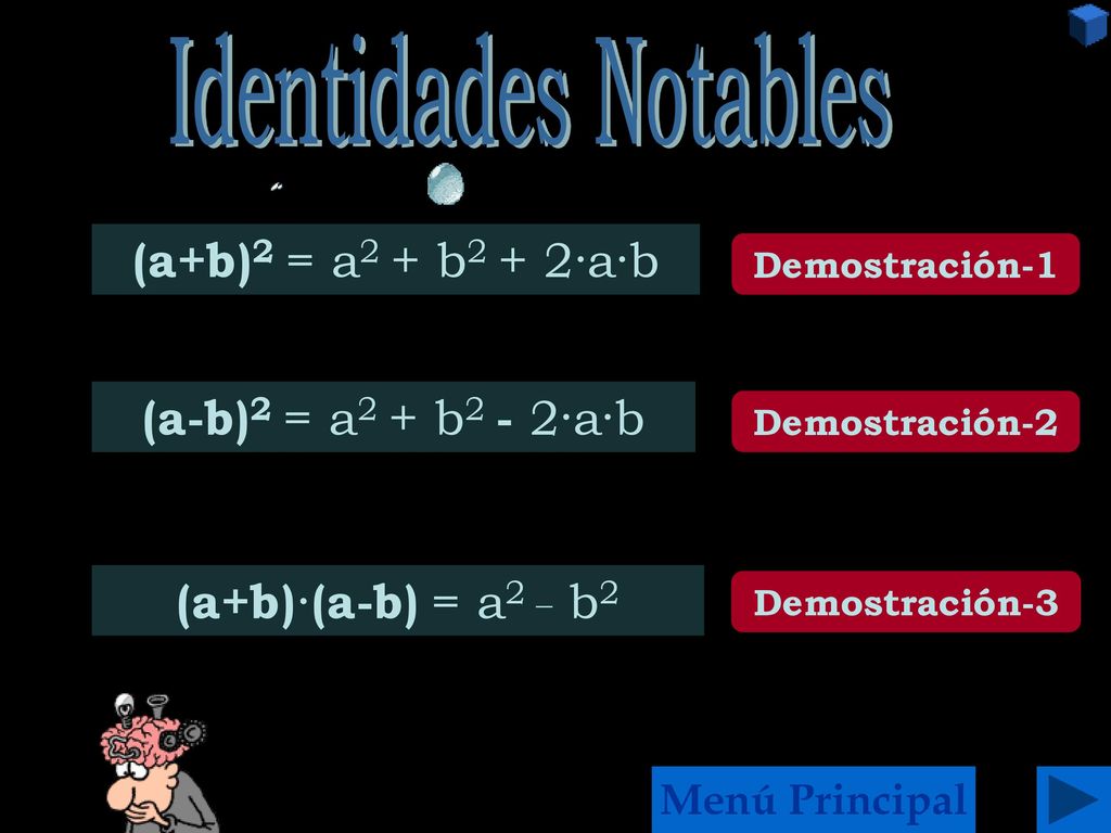Identidades Notables (a+b)2 = a2 + b2 + 2·a·b (a-b)2 = a2 + b2 - 2·a·b