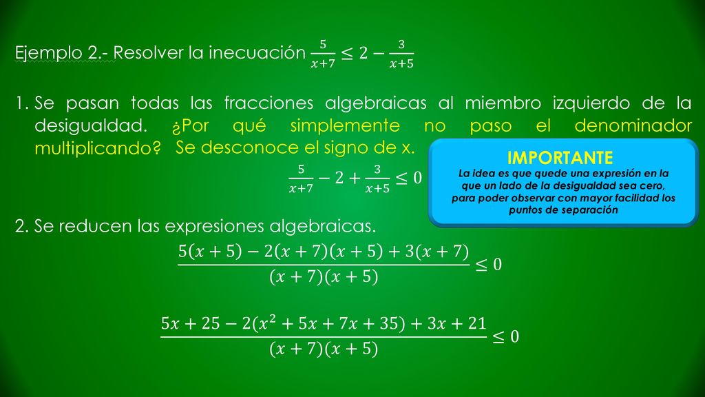 Ejemplo 2.- Resolver la inecuación 5 𝑥+7 ≤2− 3 𝑥+5