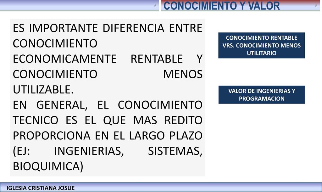 CONOCIMIENTO Y VALOR ES IMPORTANTE DIFERENCIA ENTRE CONOCIMIENTO ECONOMICAMENTE RENTABLE Y CONOCIMIENTO MENOS UTILIZABLE.