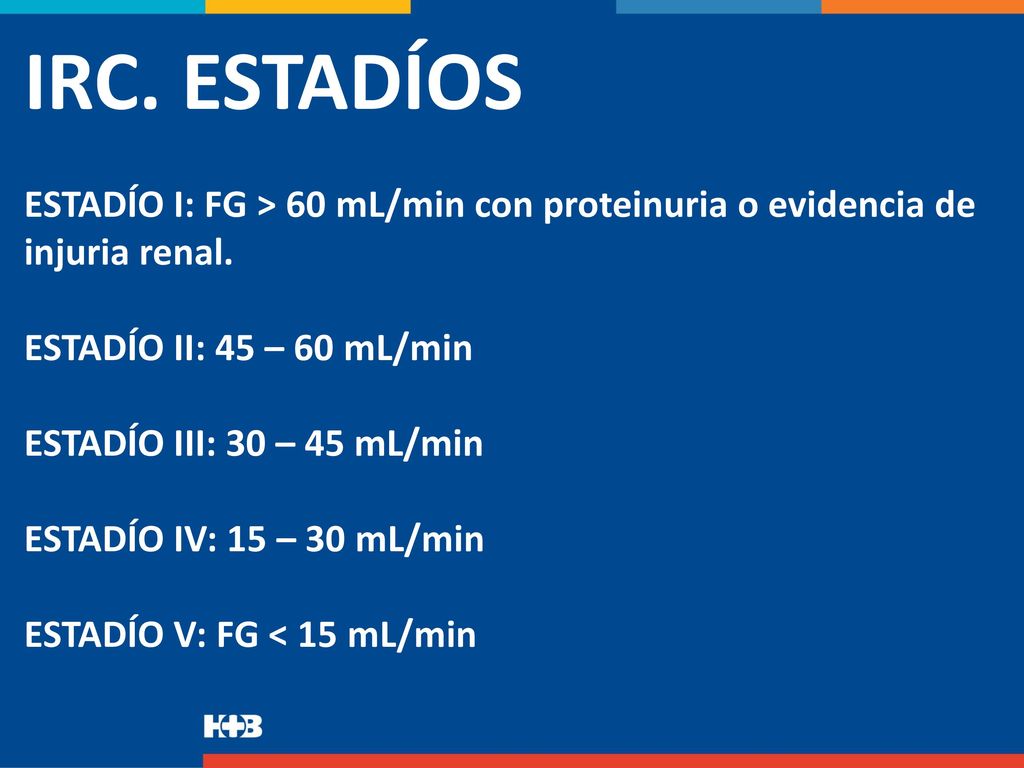 IRC. ESTADÍOS ESTADÍO I: FG > 60 mL/min con proteinuria o evidencia de injuria renal.