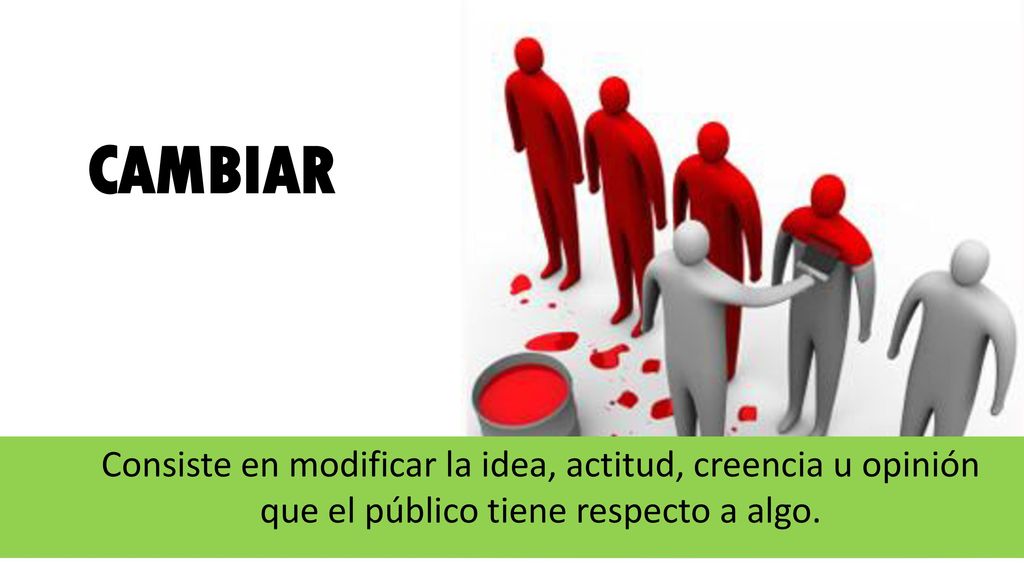 CAMBIAR Consiste en modificar la idea, actitud, creencia u opinión que el público tiene respecto a algo.
