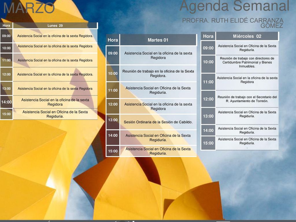Agenda Semanal MARZO Cabildo Torreón PROFRA. RUTH ELIDÉ CARRANZA GÓMEZ