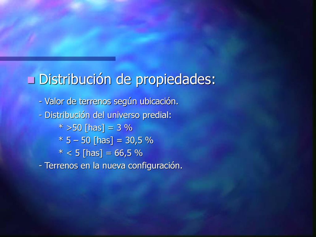 Distribución de propiedades: - Valor de terrenos según ubicación.
