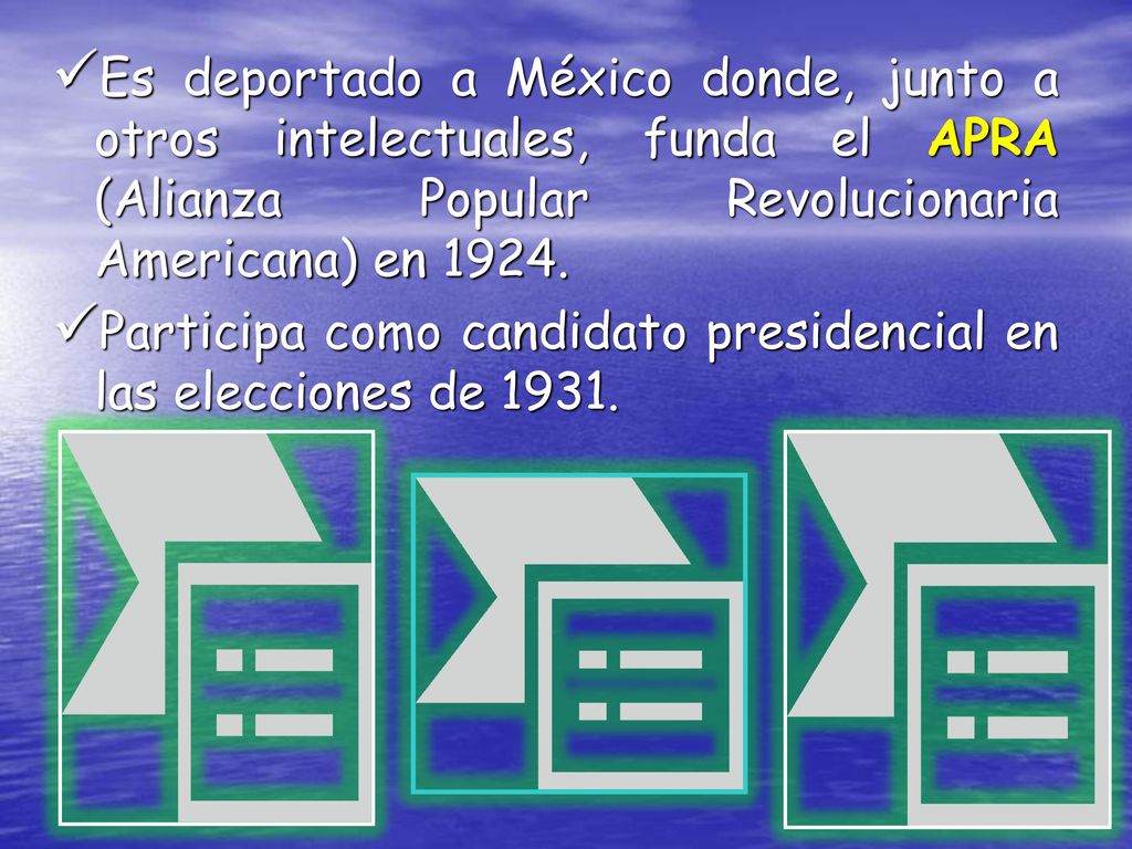 Es deportado a México donde, junto a otros intelectuales, funda el APRA (Alianza Popular Revolucionaria Americana) en 1924.