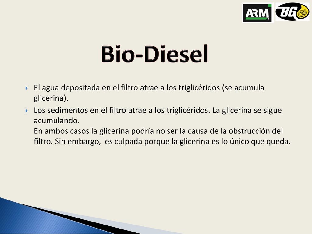 Bio-Diesel El agua depositada en el filtro atrae a los triglicéridos (se acumula glicerina).