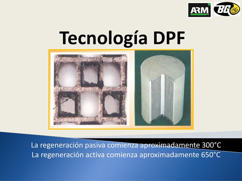 Tecnología DPF La regeneración pasiva comienza aproximadamente 300°C La regeneración activa comienza aproximadamente 650°C.