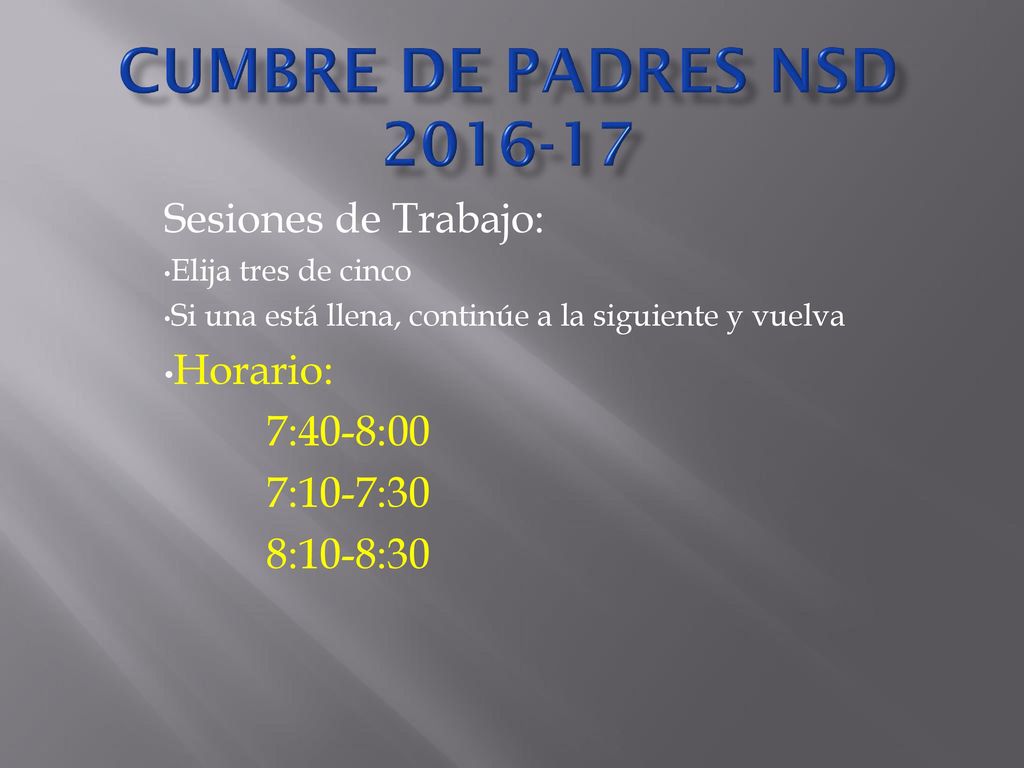 Cumbre de padres nsd Sesiones de Trabajo: Horario: 7:40-8:00