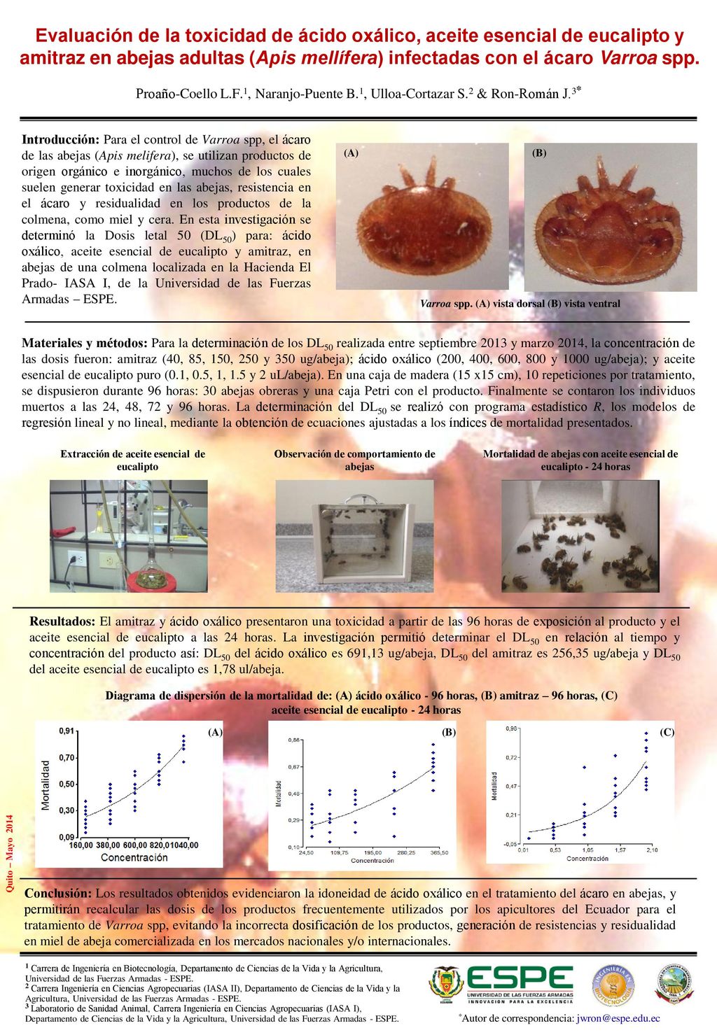 Evaluación de la toxicidad de ácido oxálico, aceite esencial de eucalipto y amitraz en abejas adultas (Apis mellífera) infectadas con el ácaro Varroa spp.