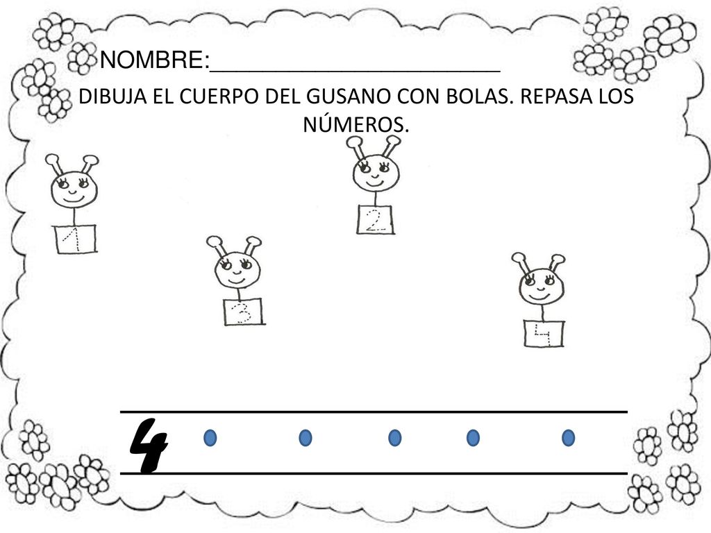 DIBUJA EL CUERPO DEL GUSANO CON BOLAS. REPASA LOS NÚMEROS.