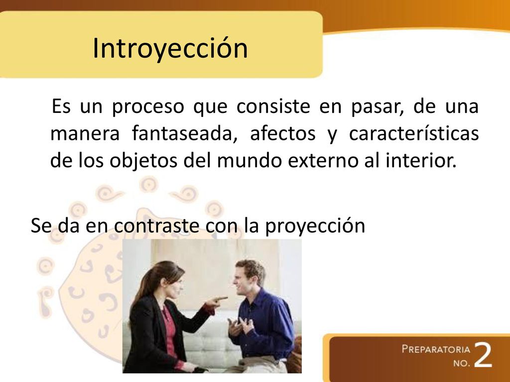 Introyección Es un proceso que consiste en pasar, de una manera fantaseada, afectos y características de los objetos del mundo externo al interior.