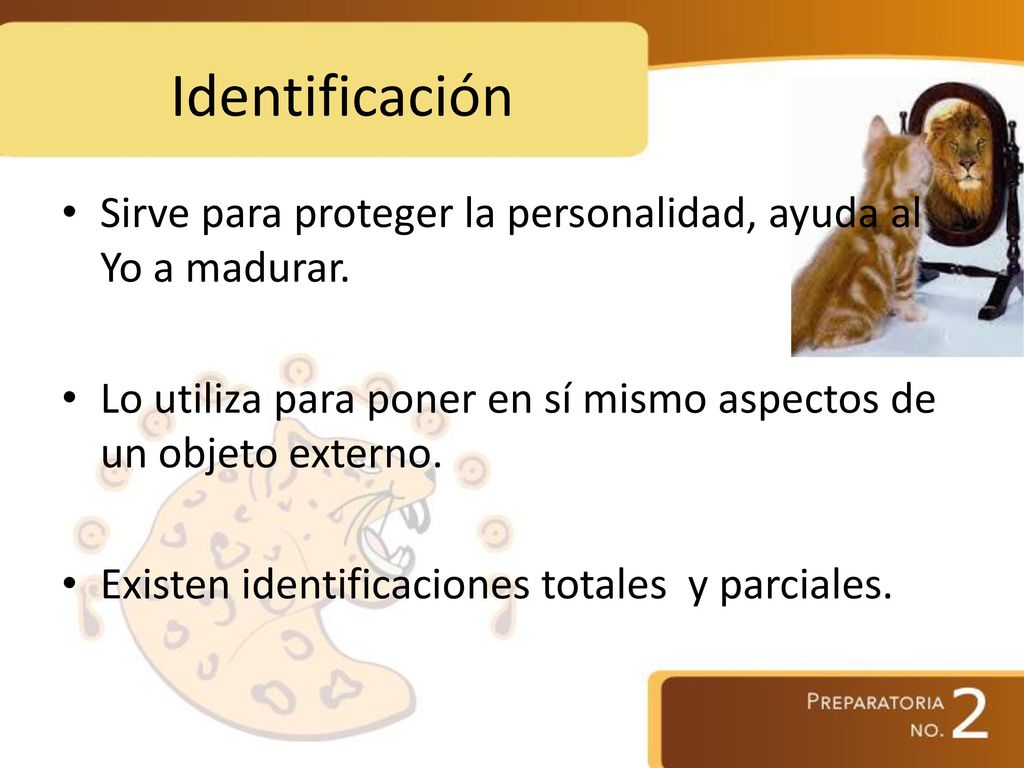 Identificación Sirve para proteger la personalidad, ayuda al Yo a madurar. Lo utiliza para poner en sí mismo aspectos de un objeto externo.