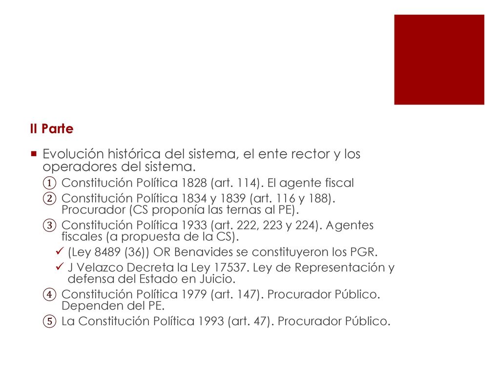II Parte Evolución histórica del sistema, el ente rector y los operadores del sistema. Constitución Política 1828 (art. 114). El agente fiscal.