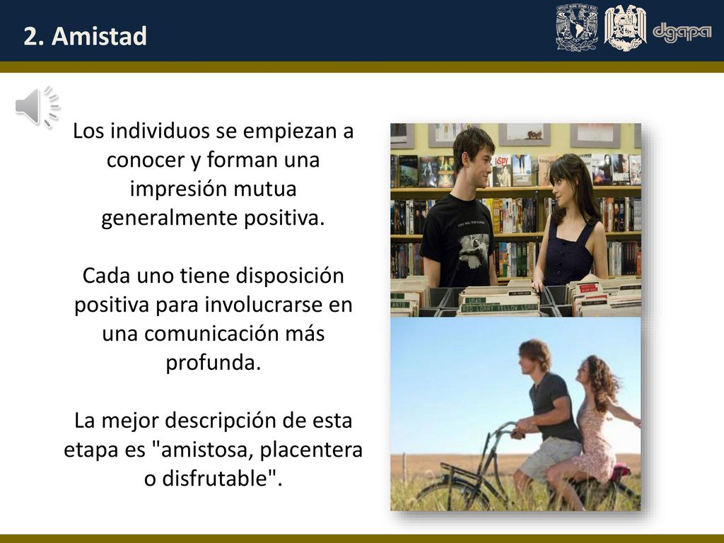 2. Amistad Los individuos se empiezan a conocer y forman una impresión mutua generalmente positiva.