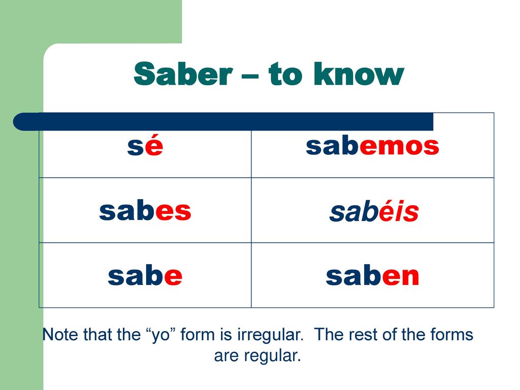 Saber – to know sé sabes sabéis sabe saben sabemos