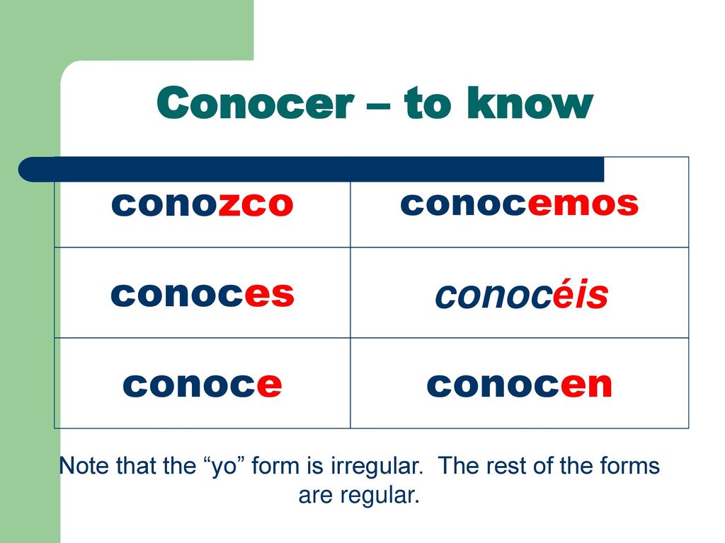 Conocer – to know conozco conoces conocéis conoce conocen conocemos