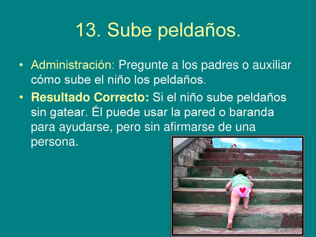 13. Sube peldaños. Administración: Pregunte a los padres o auxiliar cómo sube el niño los peldaños.