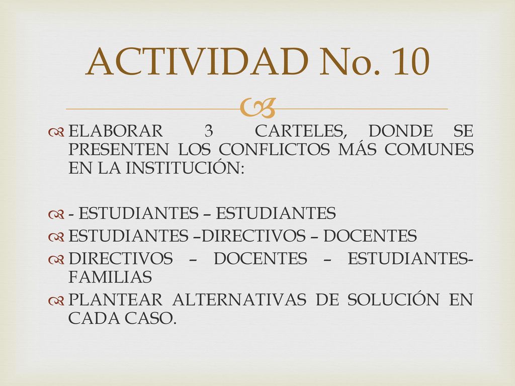 ACTIVIDAD No. 10 ELABORAR 3 CARTELES, DONDE SE PRESENTEN LOS CONFLICTOS MÁS COMUNES EN LA INSTITUCIÓN: