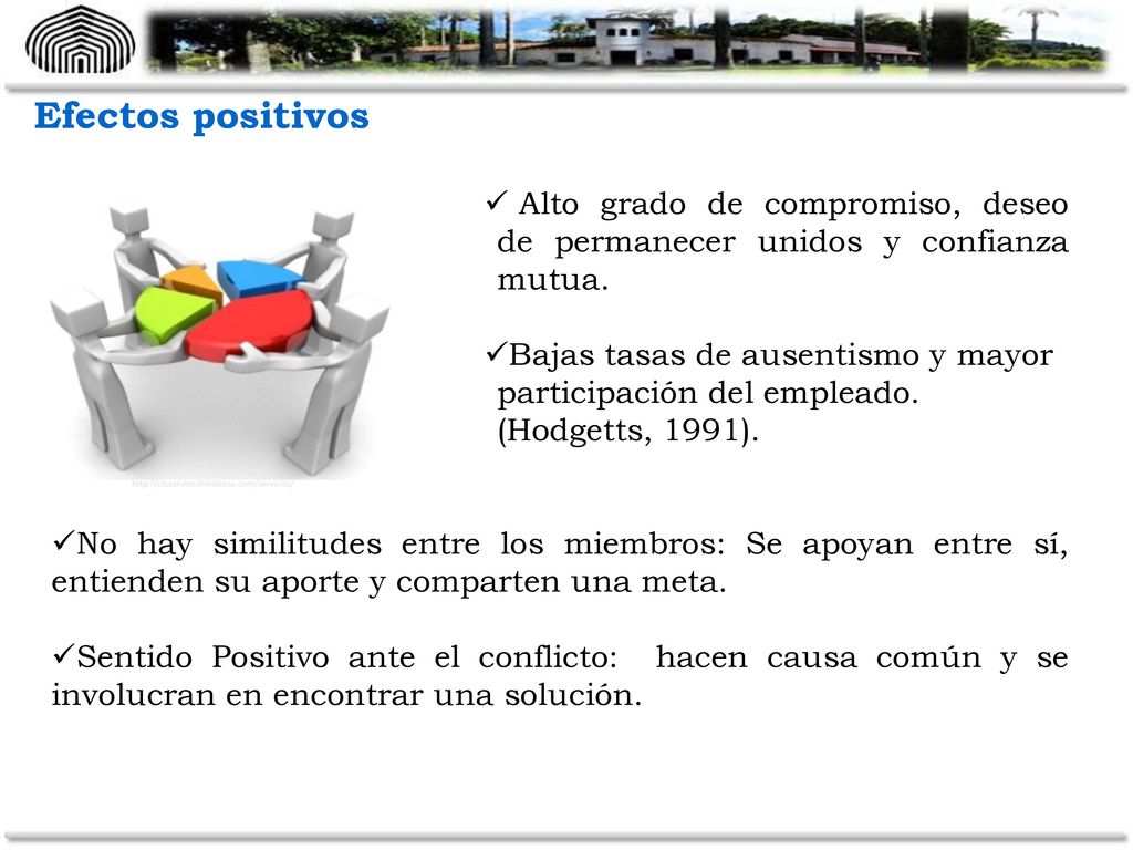 Efectos positivos Alto grado de compromiso, deseo de permanecer unidos y confianza mutua.