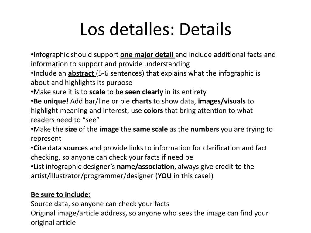 Los detalles: Details Infographic should support one major detail and include additional facts and information to support and provide understanding.