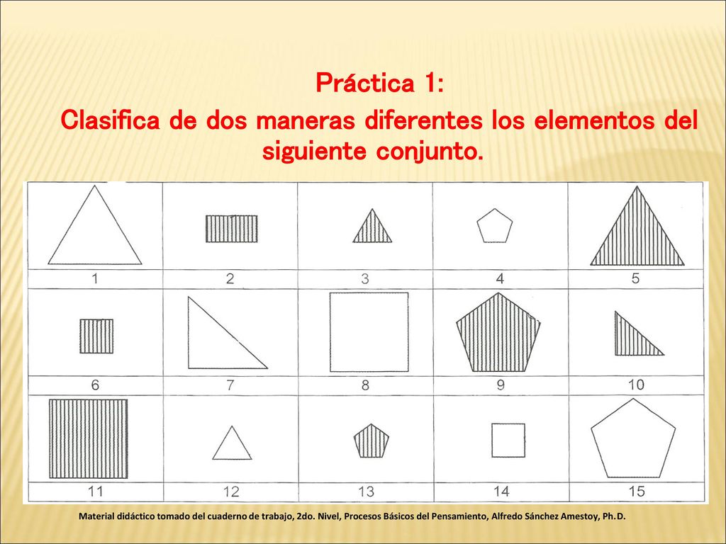 Práctica 1: Clasifica de dos maneras diferentes los elementos del siguiente conjunto.