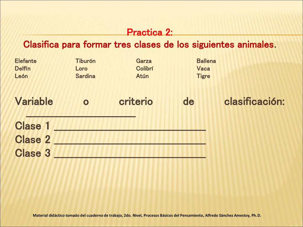 Clasifica para formar tres clases de los siguientes animales.