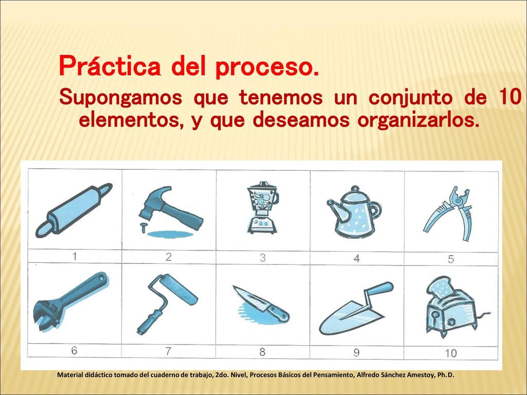 Práctica del proceso. Supongamos que tenemos un conjunto de 10 elementos, y que deseamos organizarlos.