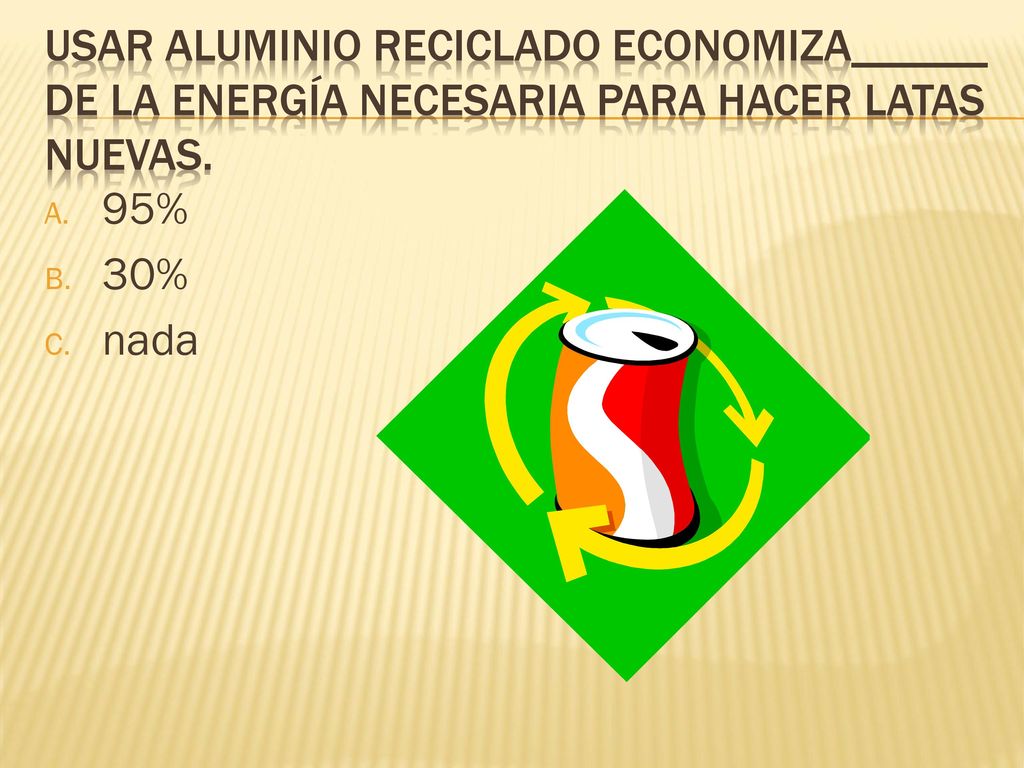 Usar aluminio reciclado economiza______ de la energía necesaria para hacer latas nuevas.
