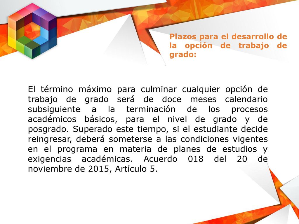 Plazos para el desarrollo de la opción de trabajo de grado: