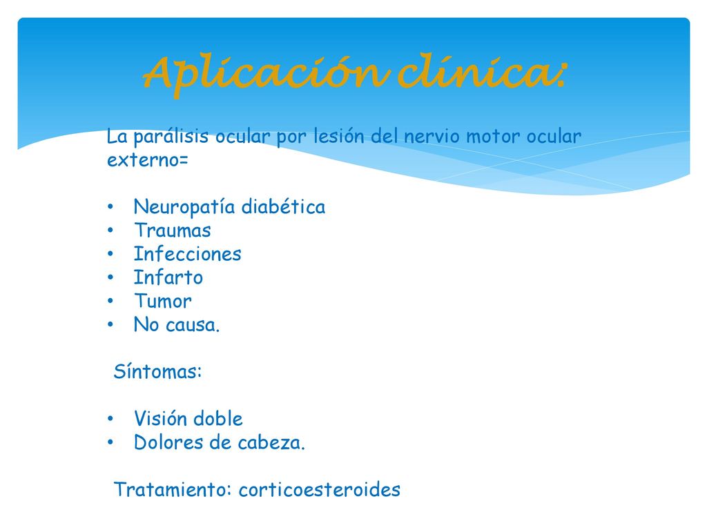 Aplicación clínica: La parálisis ocular por lesión del nervio motor ocular externo= Neuropatía diabética.