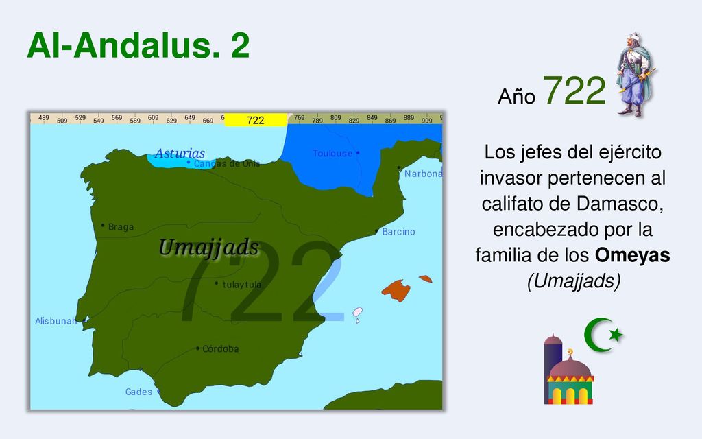 Al-Andalus. 2 Año 722. Los jefes del ejército invasor pertenecen al califato de Damasco, encabezado por la familia de los Omeyas.