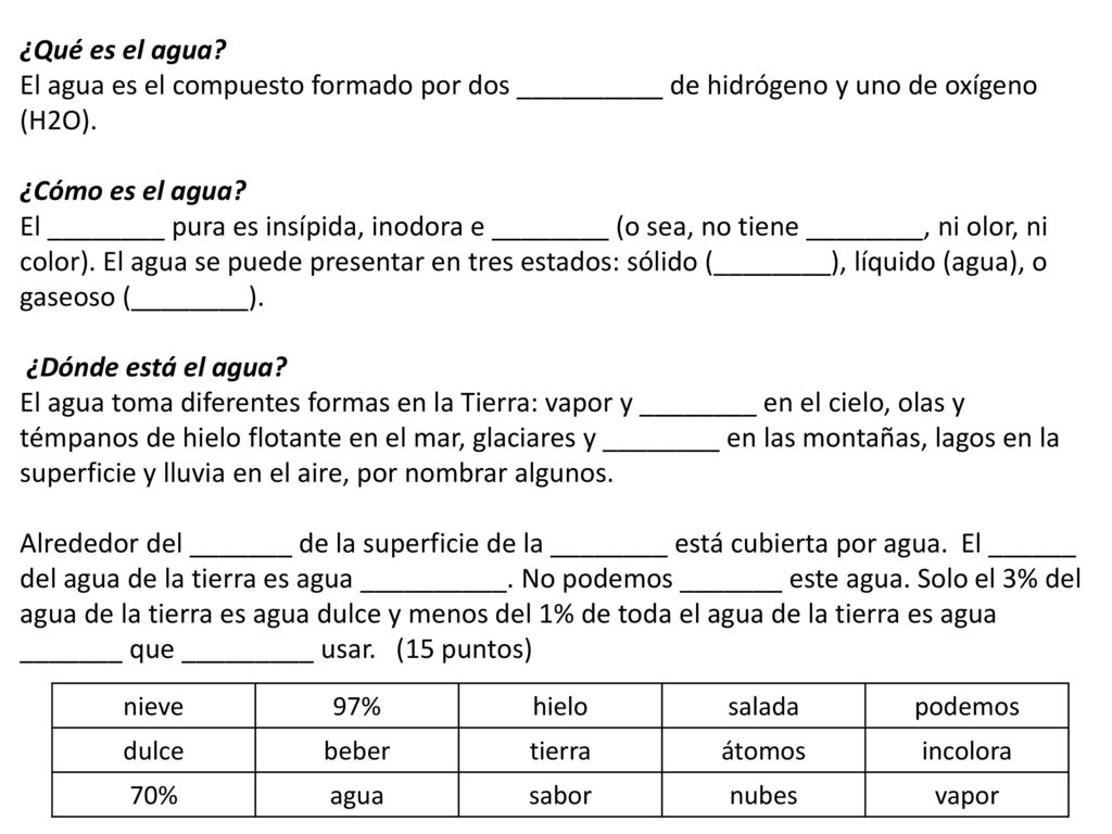 ¿Qué es el agua El agua es el compuesto formado por dos __________ de hidrógeno y uno de oxígeno (H2O).