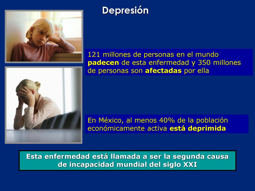 Depresión 121 millones de personas en el mundo padecen de esta enfermedad y 350 millones de personas son afectadas por ella.