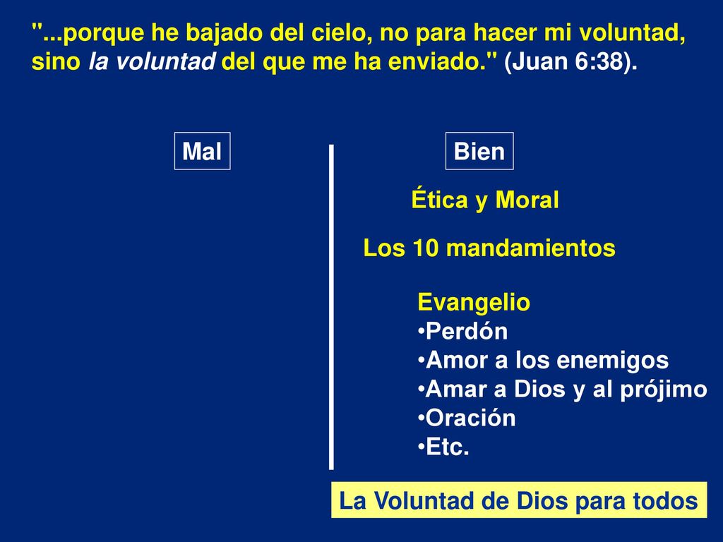 ...porque he bajado del cielo, no para hacer mi voluntad, sino la voluntad del que me ha enviado. (Juan 6:38).