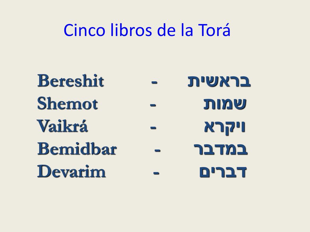 Cinco libros de la Torá Bereshit - בראשית. Shemot - שמות. Vaikrá - ויקרא.
