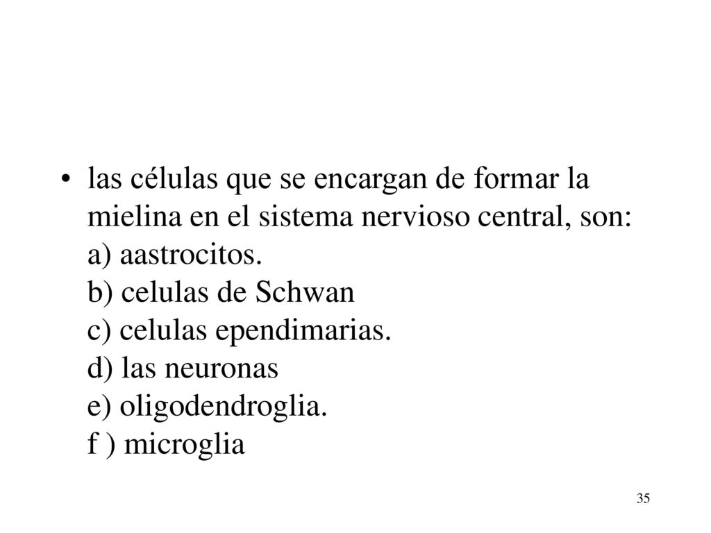 las células que se encargan de formar la mielina en el sistema nervioso central, son: a) aastrocitos.