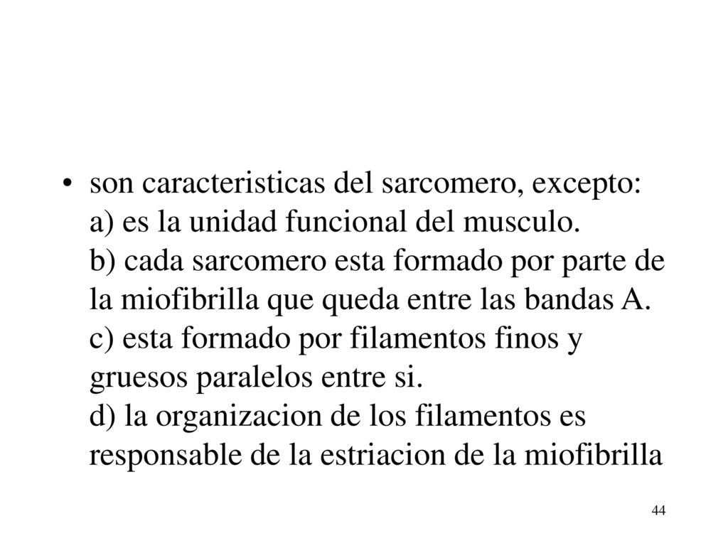 son caracteristicas del sarcomero, excepto: a) es la unidad funcional del musculo. b) cada sarcomero esta formado por parte de la miofibrilla que queda entre las bandas A. c) esta formado por filamentos finos y gruesos paralelos entre si. d) la organizacion de los filamentos es responsable de la estriacion de la miofibrilla