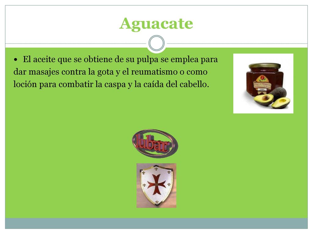 Aguacate El aceite que se obtiene de su pulpa se emplea para