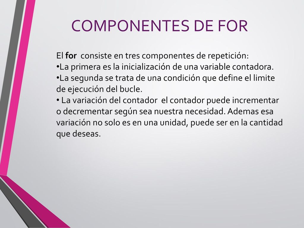 COMPONENTES DE FOR El for consiste en tres componentes de repetición: