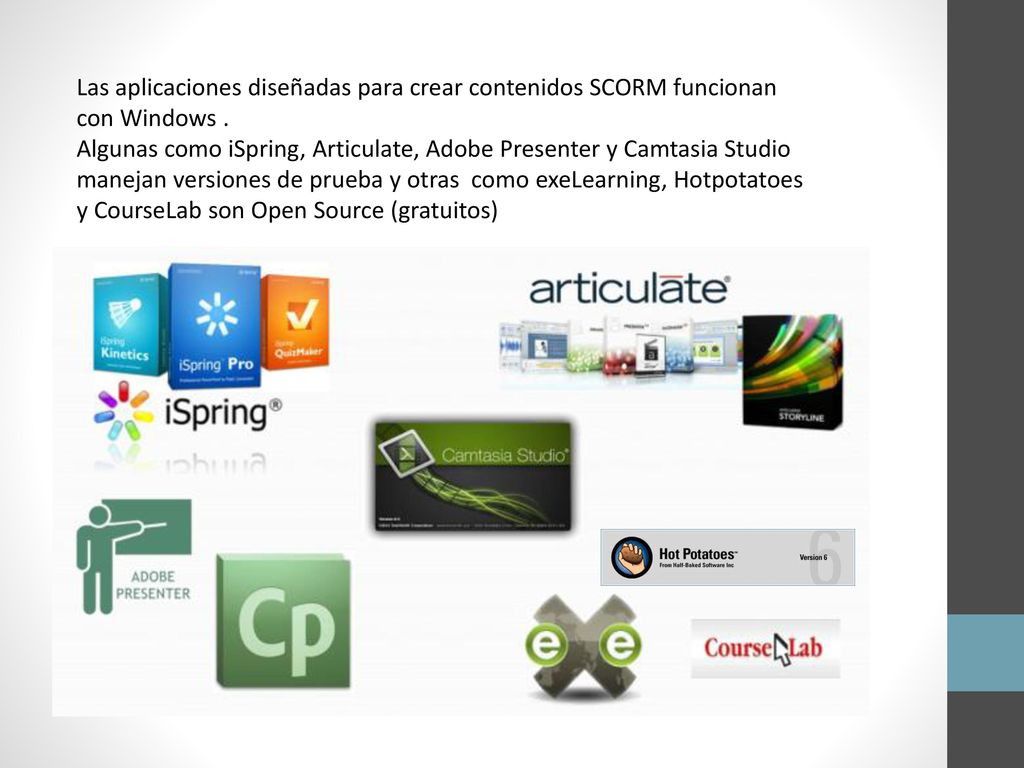 Las aplicaciones diseñadas para crear contenidos SCORM funcionan con Windows .