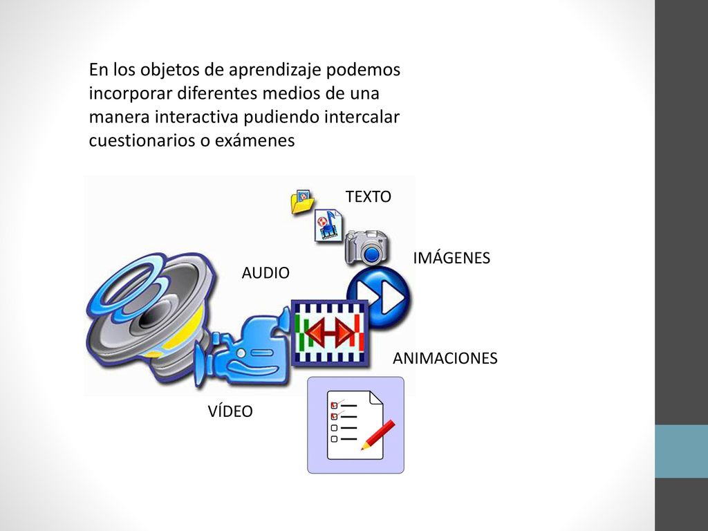 En los objetos de aprendizaje podemos incorporar diferentes medios de una manera interactiva pudiendo intercalar cuestionarios o exámenes