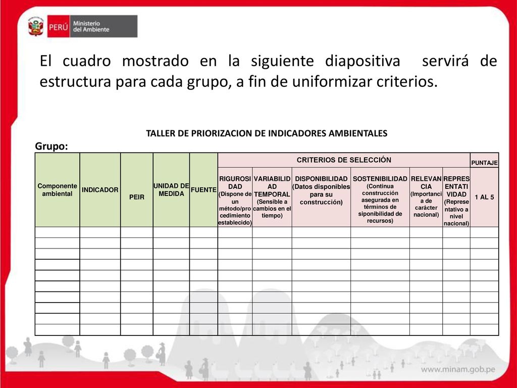 El cuadro mostrado en la siguiente diapositiva servirá de estructura para cada grupo, a fin de uniformizar criterios.
