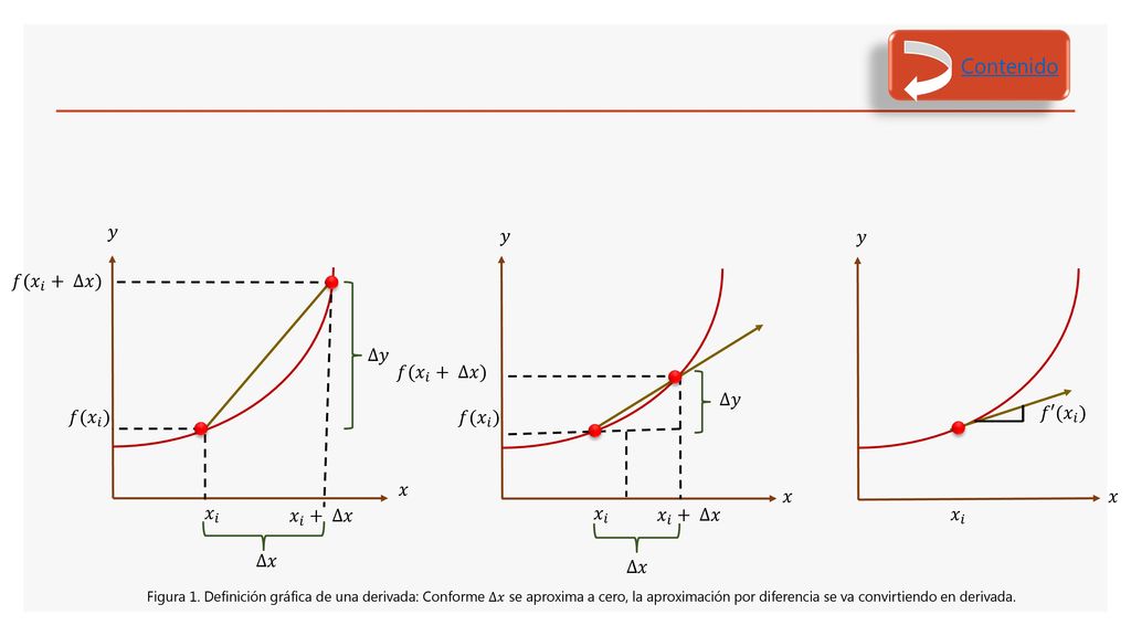 Contenido 𝑦 𝑦 𝑦 𝑓(𝑥 𝑖 + ∆𝑥) ∆𝑦 𝑓(𝑥 𝑖 + ∆𝑥) ∆𝑦 𝑓(𝑥 𝑖 ) 𝑓(𝑥 𝑖 ) 𝑓′(𝑥 𝑖 )