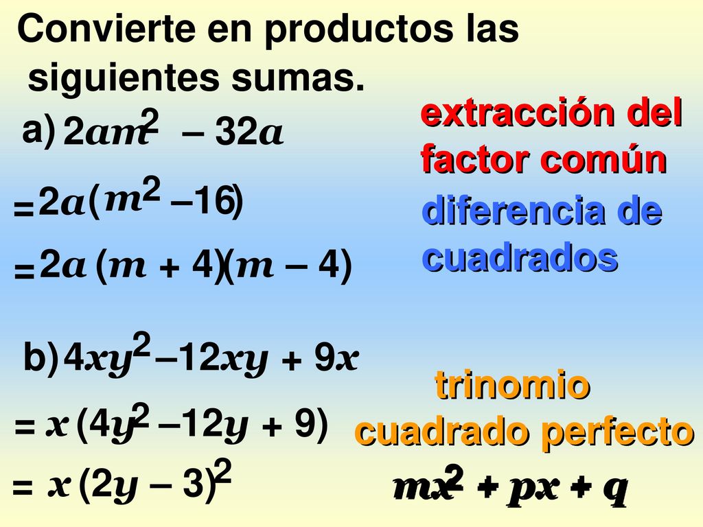 Convierte en productos las siguientes sumas.