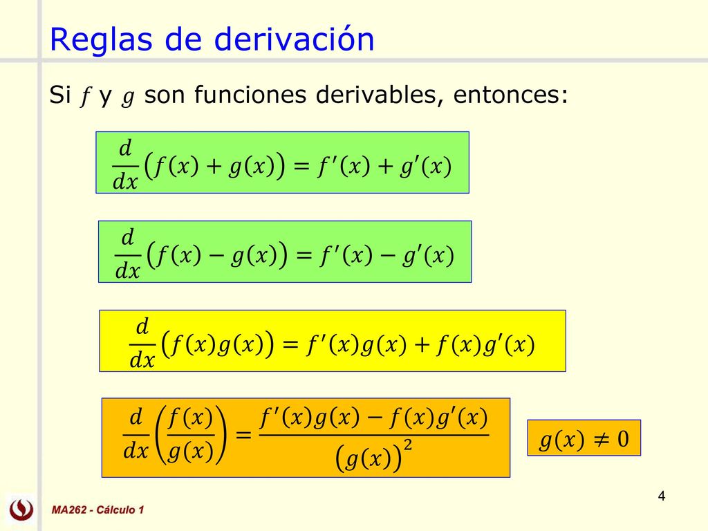 Reglas de derivación Si 𝑓 y 𝑔 son funciones derivables, entonces: