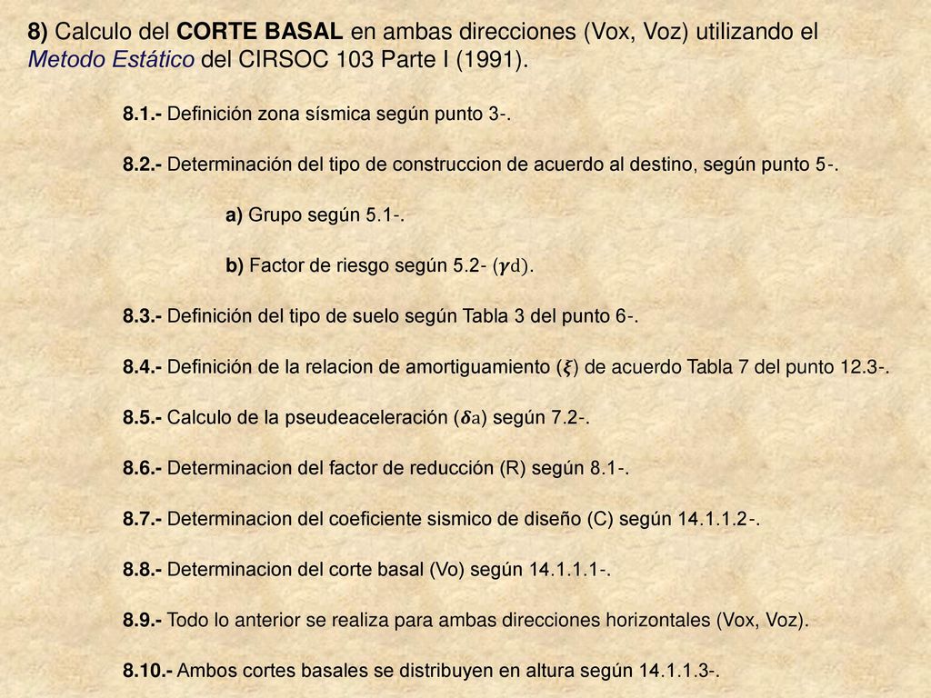 8) Calculo del CORTE BASAL en ambas direcciones (Vox, Voz) utilizando el Metodo Estático del CIRSOC 103 Parte I (1991).