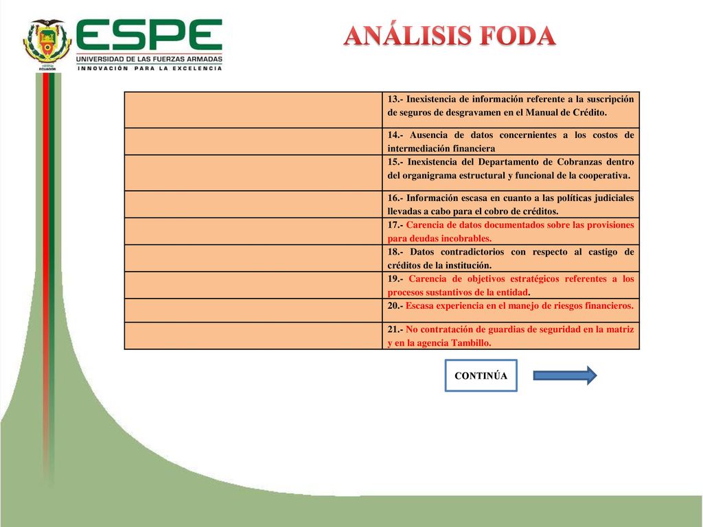 ANÁLISIS FODA 13.- Inexistencia de información referente a la suscripción de seguros de desgravamen en el Manual de Crédito.